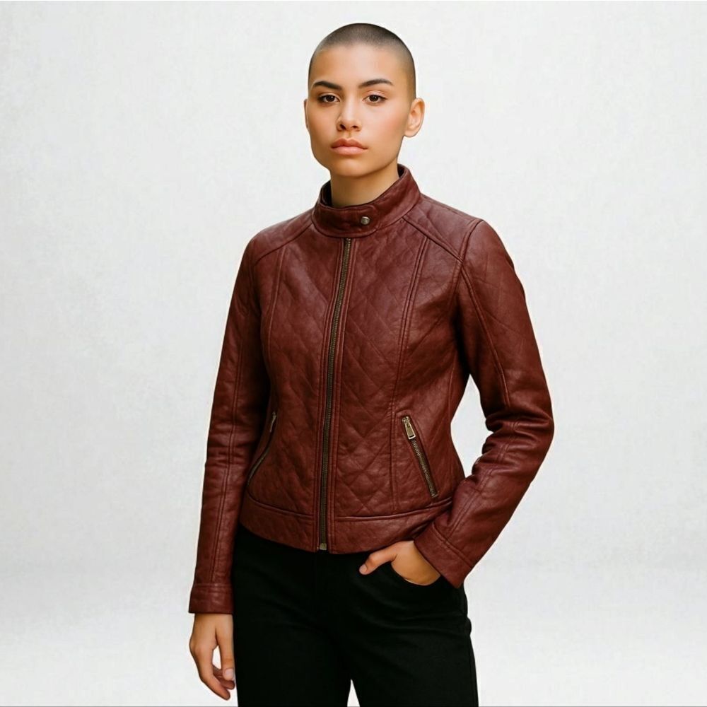 Vintage Guess '90s Burgundy Faux Leather Mandarin Neck Quilted Moto Jacket XL
